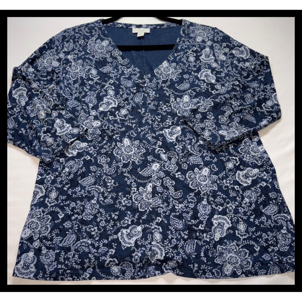 Pure Jill V-Neck Top Women Size S Blue Floral‎ Paisley Cotton Tencel Knit Casual